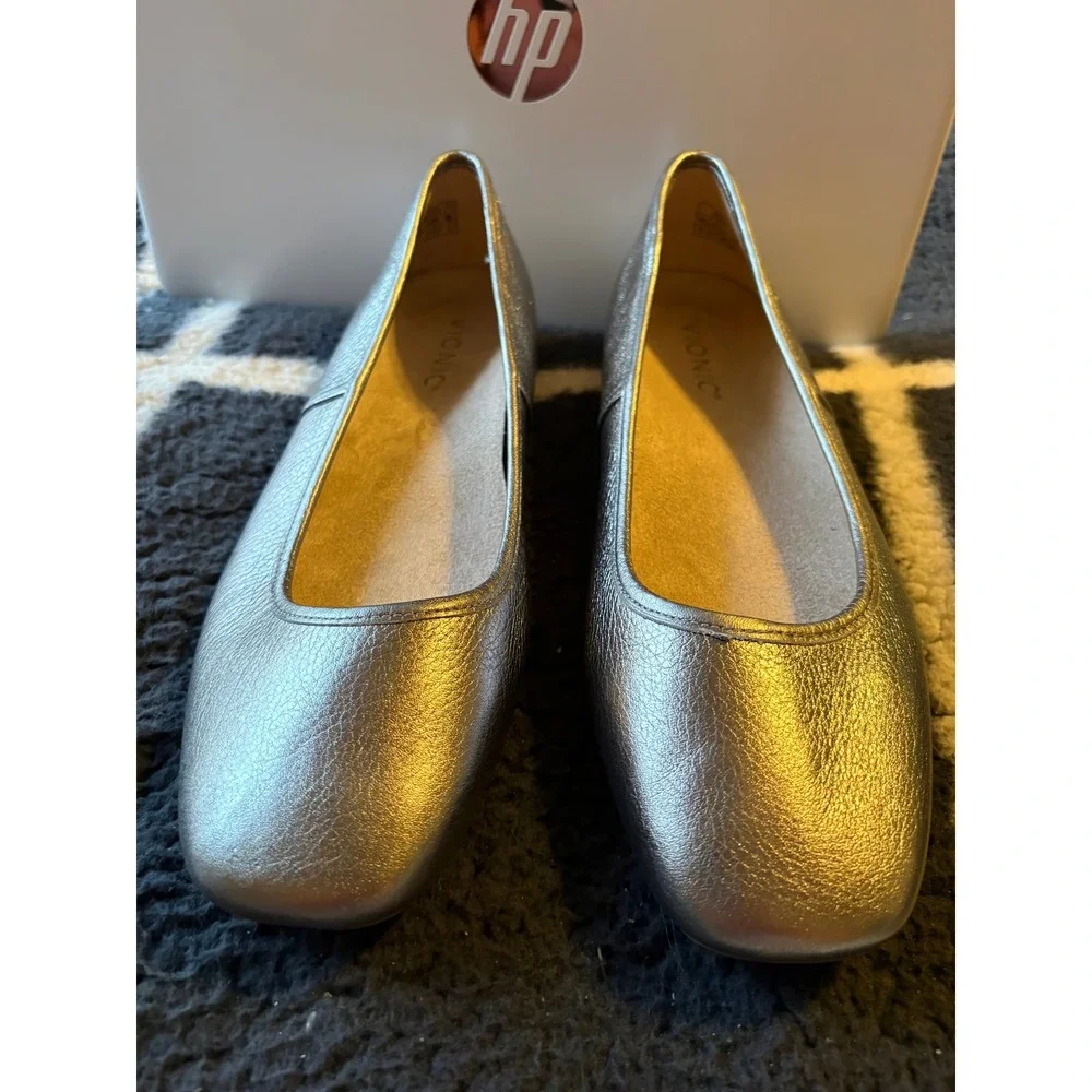 Vionic Orinda Pewter Metallic Leather Square Toe Ballet Flats Women 8 M Orthotic